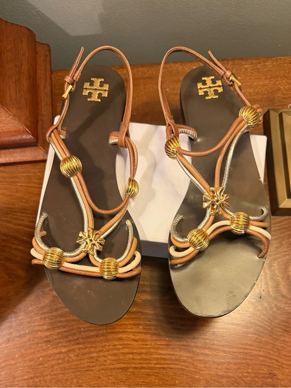 Tory Burch CAPRI MULTI STRAP Leather Sandal Brown Cream Gold Size 8 MSRP $328